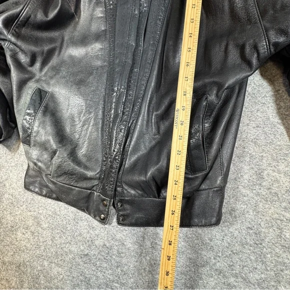 Vintage 80s Black Leather Bomber Jacket Women Oversized Puff Sleeve Retro Grunge - Picture 6 of 16